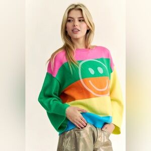 Davi & Dani bright happy women's oversized rainbow-striped sweater smile Large